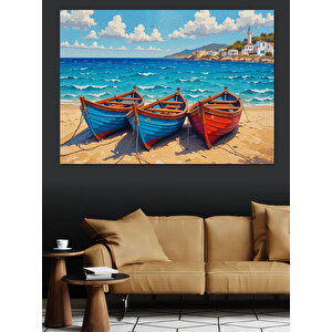 Kumsalda Renkli Kayıklar Dekoratif Kanvas - Mdf Ahşap Tablo 100x140 cm