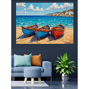 Kumsalda Renkli Kayıklar Dekoratif Kanvas - Mdf Ahşap Tablo 100x140 cm