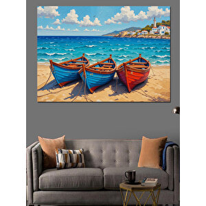 Kumsalda Renkli Kayıklar Dekoratif Kanvas - Mdf Ahşap Tablo 100x140 cm