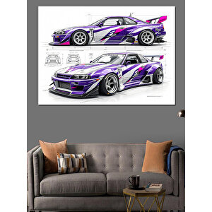 Mor Beyaz Spor Araba Dekoratif Kanvas - Mdf Ahşap Tablo 70x100 cm