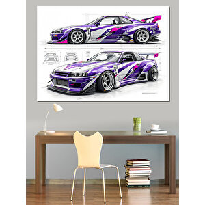 Mor Beyaz Spor Araba Dekoratif Kanvas - Mdf Ahşap Tablo 70x100 cm