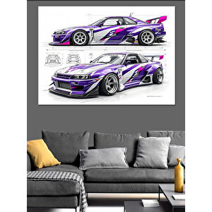Mor Beyaz Spor Araba Dekoratif Kanvas - Mdf Ahşap Tablo 70x100 cm