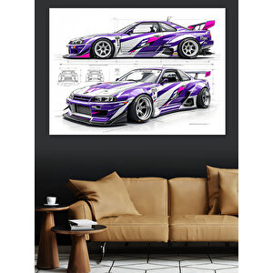 Mor Beyaz Spor Araba Dekoratif Kanvas - Mdf Ahşap Tablo