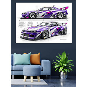 Mor Beyaz Spor Araba Dekoratif Kanvas - Mdf Ahşap Tablo