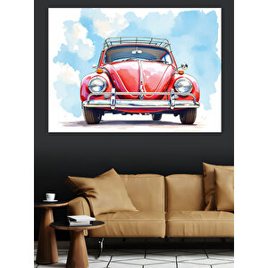Kırmızı Vosvos Arabası Dekoratif Kanvas - Mdf Ahşap Tablo 35x50 cm