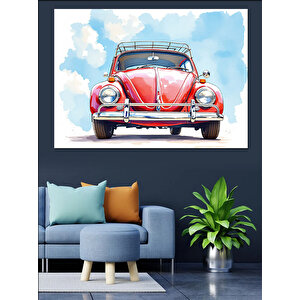 Kırmızı Vosvos Arabası Dekoratif Kanvas - Mdf Ahşap Tablo 35x50 cm
