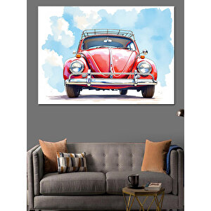 Kırmızı Vosvos Arabası Dekoratif Kanvas - Mdf Ahşap Tablo 35x50 cm
