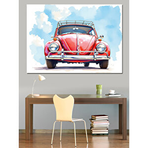 Kırmızı Vosvos Arabası Dekoratif Kanvas - Mdf Ahşap Tablo