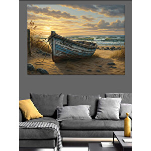 Kumsalda Eski Ahşap Kayık Dekoratif Kanvas - Mdf Ahşap Tablo 100x140 cm