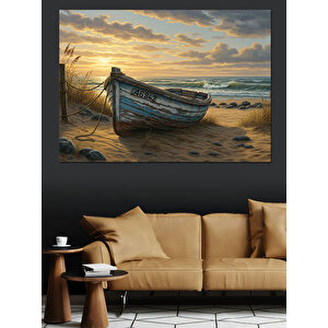 Kumsalda Eski Ahşap Kayık Dekoratif Kanvas - Mdf Ahşap Tablo 100x140 cm