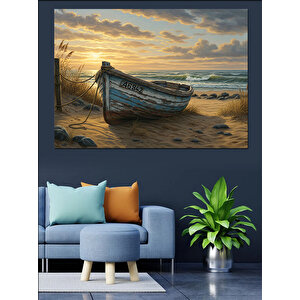 Kumsalda Eski Ahşap Kayık Dekoratif Kanvas - Mdf Ahşap Tablo 100x140 cm