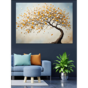 Sarı Yapraklı Kavisli Ağaç Dekoratif Kanvas - Mdf Ahşap Tablo 70x100 cm