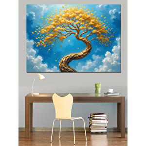 Altın Yapraklı Kavisli Ağaç Dekoratif Kanvas - Mdf Ahşap Tablo 100x140 cm
