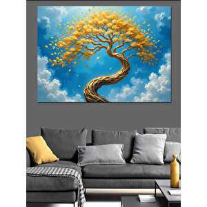 Altın Yapraklı Kavisli Ağaç Dekoratif Kanvas - Mdf Ahşap Tablo 100x140 cm