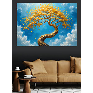 Altın Yapraklı Kavisli Ağaç Dekoratif Kanvas - Mdf Ahşap Tablo 100x140 cm