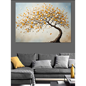 Sarı Yapraklı Kavisli Ağaç Dekoratif Kanvas - Mdf Ahşap Tablo 100x140 cm