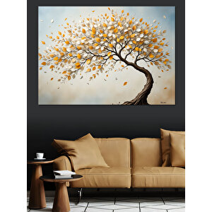 Sarı Yapraklı Kavisli Ağaç Dekoratif Kanvas - Mdf Ahşap Tablo 100x140 cm