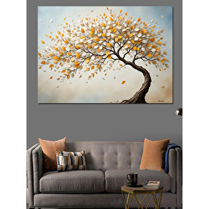 Sarı Yapraklı Kavisli Ağaç Dekoratif Kanvas - Mdf Ahşap Tablo