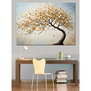 Sarı Yapraklı Kavisli Ağaç Dekoratif Kanvas - Mdf Ahşap Tablo