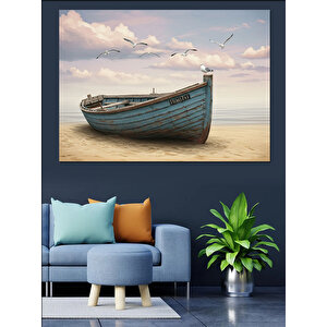 Kumsalda Mavi Kayık Dekoratif Kanvas - Mdf Ahşap Tablo 50x70 cm