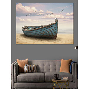 Kumsalda Mavi Kayık Dekoratif Kanvas - Mdf Ahşap Tablo 50x70 cm