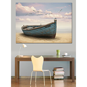 Kumsalda Mavi Kayık Dekoratif Kanvas - Mdf Ahşap Tablo 50x70 cm