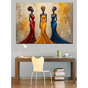Üç Renkli Kadınlar Dekoratif Kanvas - Mdf Ahşap Tablo 70x100 cm