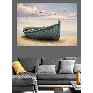 Kumsalda Mavi Kayık Dekoratif Kanvas - Mdf Ahşap Tablo