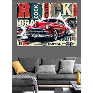 Retro Kırmızı Araba Dekoratif Kanvas - Mdf Ahşap Tablo 100x140 cm