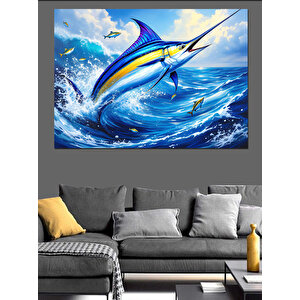 Sıçrayan Mavi Kılıç Balığı Dekoratif Kanvas - Mdf Ahşap Tablo 70x100 cm