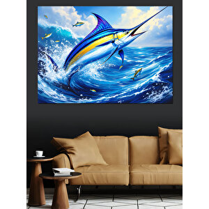 Sıçrayan Mavi Kılıç Balığı Dekoratif Kanvas - Mdf Ahşap Tablo 70x100 cm
