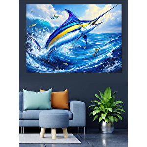 Sıçrayan Mavi Kılıç Balığı Dekoratif Kanvas - Mdf Ahşap Tablo 70x100 cm