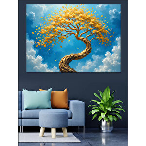 Altın Yapraklı Kavisli Ağaç Dekoratif Kanvas - Mdf Ahşap Tablo