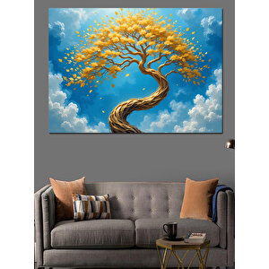 Altın Yapraklı Kavisli Ağaç Dekoratif Kanvas - Mdf Ahşap Tablo