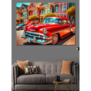 Kırmızı Klasik Araba Dekoratif Kanvas - Mdf Ahşap Tablo 25x35 cm