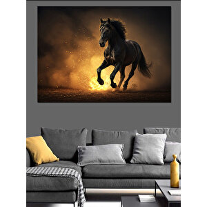 Tozlu Kumda Koşan Siyah At Dekoratif Kanvas - Mdf Ahşap Tablo 100x140 cm