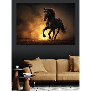 Tozlu Kumda Koşan Siyah At Dekoratif Kanvas - Mdf Ahşap Tablo 100x140 cm