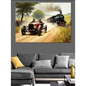 Klasik Arabayla Yarışan Tren Dekoratif Kanvas - Mdf Ahşap Tablo 100x140 cm