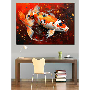Sıçrayan Japon Koi Balığı Dekoratif Kanvas - Mdf Ahşap Tablo 100x140 cm
