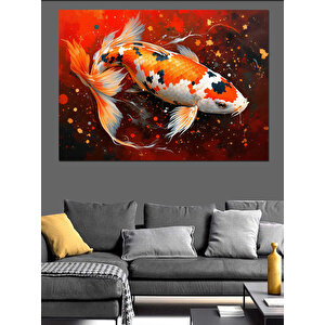 Sıçrayan Japon Koi Balığı Dekoratif Kanvas - Mdf Ahşap Tablo 100x140 cm