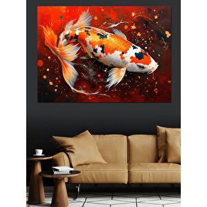 Sıçrayan Japon Koi Balığı Dekoratif Kanvas - Mdf Ahşap Tablo 100x140 cm