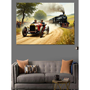 Klasik Arabayla Yarışan Tren Dekoratif Kanvas - Mdf Ahşap Tablo 35x50 cm