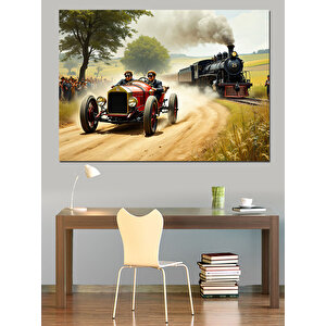 Klasik Arabayla Yarışan Tren Dekoratif Kanvas - Mdf Ahşap Tablo 35x50 cm