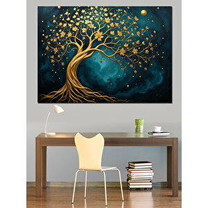 Büyülü Altın Yapraklı Ağaç Dekoratif Kanvas - Mdf Ahşap Tablo 50x70 cm