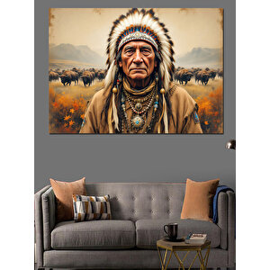 Kızılderili Reisi Doğada Portre Dekoratif Kanvas - Mdf Ahşap Tablo 100x140 cm