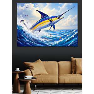 Okyanusta Zıplayan Kılıç Balığı Dekoratif Kanvas - Mdf Ahşap Tablo 70x100 cm