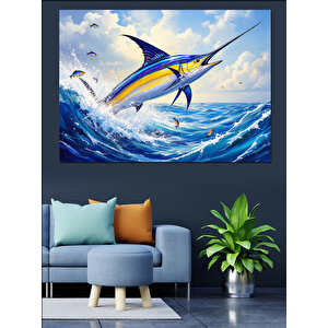 Okyanusta Zıplayan Kılıç Balığı Dekoratif Kanvas - Mdf Ahşap Tablo 70x100 cm