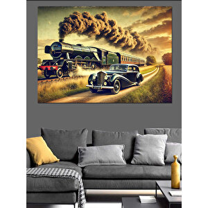 Tren Ve Retro Araba Manzarası Dekoratif Kanvas - Mdf Ahşap Tablo 50x70 cm