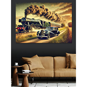 Tren Ve Retro Araba Manzarası Dekoratif Kanvas - Mdf Ahşap Tablo 50x70 cm