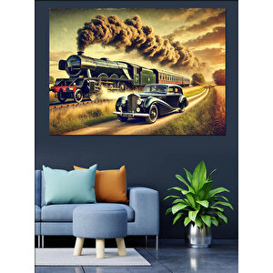 Tren Ve Retro Araba Manzarası Dekoratif Kanvas - Mdf Ahşap Tablo 50x70 cm